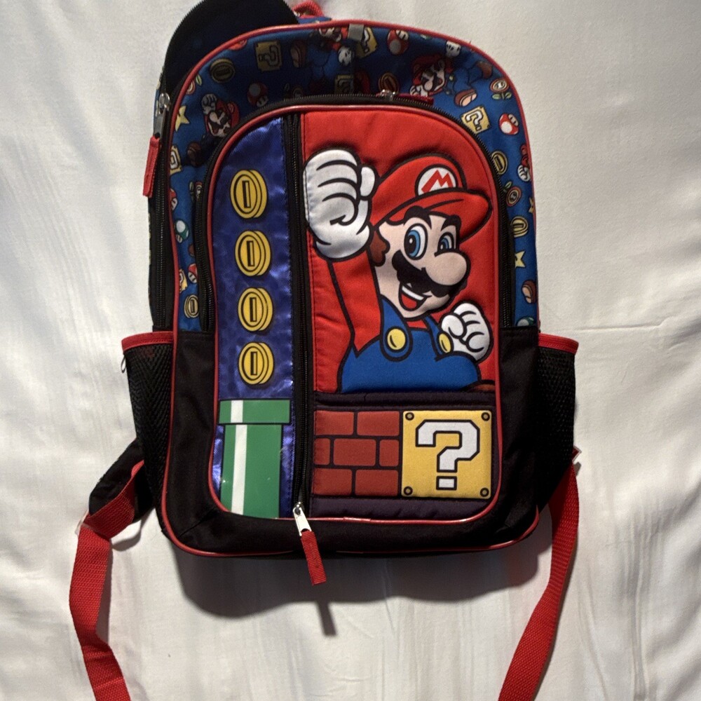Nintendo Super Mario Kids Small Backpack Zip Pockets Red/Blue/Black